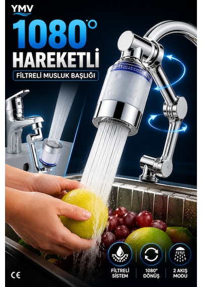 Ymv Filtreli Musluk Başlığı 1080 Derece Hareketli Döner Batarya Ucu Su Tasarruflu Lavabo Aparatı