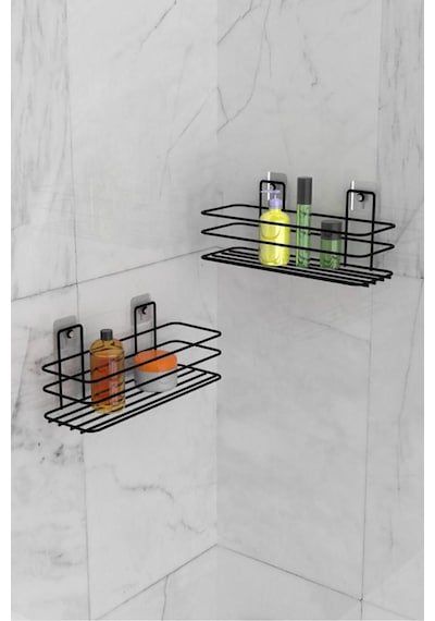 Eva Metal Tasarim Banyo Düzenleyici Şampuanlık Sabunluk Yapışkanlı 2 Adet Banyo Rafı Mat Siyah Duş Rafı Organizer Siyah