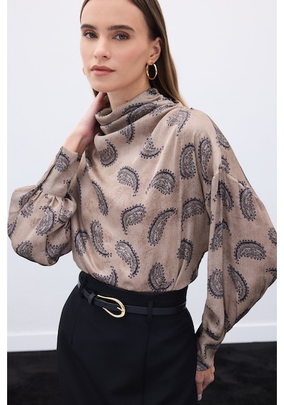 Sateen Degaje Yaka Desenli Bluz - Vizon-136574 Vizon