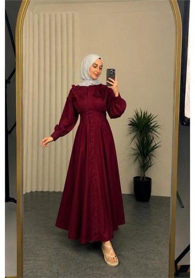 Neşeli Butik Kadın Bordo Belden Oturtmalı Çiçek Detaylı Premium Tesettür Elbise Nbvq4933