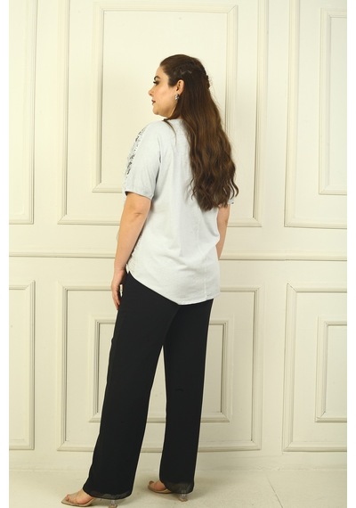 By Saygı Beli Lastikli Astarlı Büyük Beden Şifon Pantolon Siyah