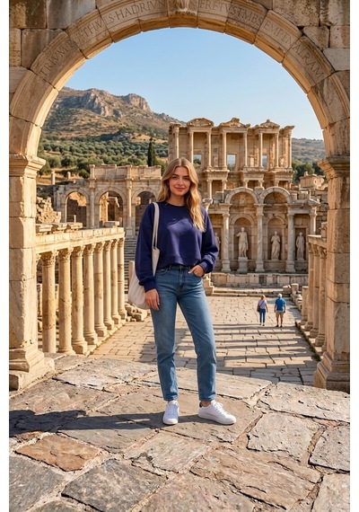 Luxıc Core Kadın Crop Bisiklet Yaka Sweatshirt Pamuklu Yumuşak Dokulu Günlük Spor Sweatshirt Mavi