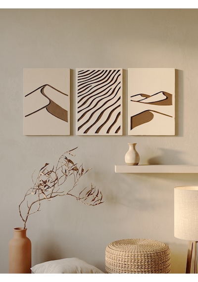 Desert Trilogy 3'lü Duvar Sanatı Seti - Modern Soyut Kum Tepesi Ve Rüzgar Dalgaları Motifli Kazıma Tablo, Organik Minimalist Oyma Tablo Seti