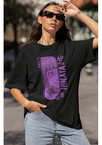 Sevbano Tasarım Hinata Hyuga Baskılı Unisex Oversize Naruto Anime Dizi Ka Siyah
