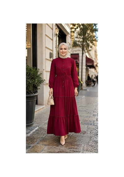 Hb Harma Time Butik Kadın Dantel Detaylı Beli Bağcıklı Ayrobin Bordo Elbise Bordo Bordo