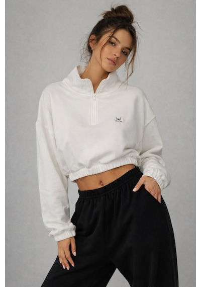 Kadın Ekru Crop Sweatshirt Scuba Kumaşı Beyaz