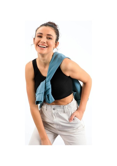 Basic U Yaka 5li Paket Kadın Crop Top Atlet - 97160 Siyah - Krem