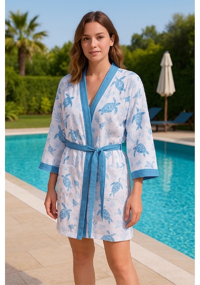 Baskılı Müslin Kimono Bornoz Unisex %100 Pamuk Yumuşacık 2 Katlı Doğal Kumaş - Ztmbb10 Mavi