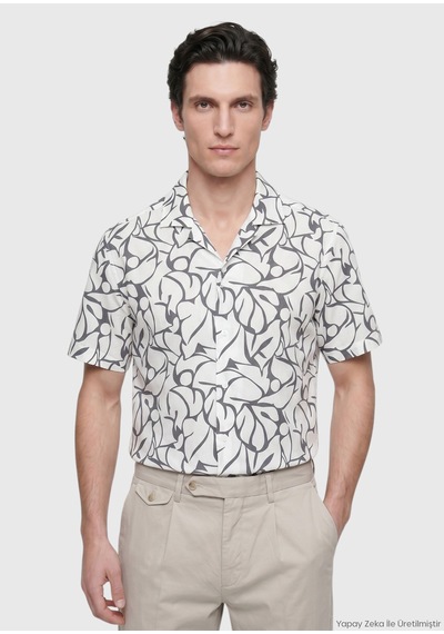 Ramsey Ekru Regular Fit Kısa Dokuma Casual %100 Pamuk Gömlek Ekru, Koyu Gri