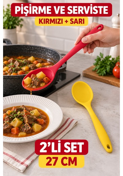 2'li Set Kırmızı Sarı Büyük Boy Silikon Kaşık 27 Cm Mutfak Yemek Pişirme Ve Servis Kaşığı Sofra İçin