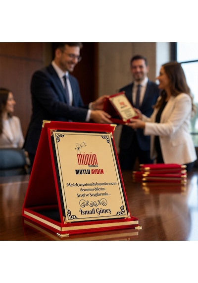 Logonuza Özel 5 Adet Mesajlı Kırmızı Kadife Albüm Plaket Kurumsal Ödül Ve Teşekkür Seti