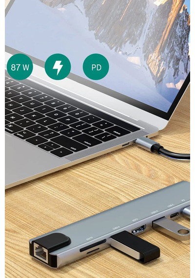 8'i 1 Arada Hub Dizüstü Bilgisayar Çok Işlevli Çoklayıcı Type C Rj-45 Usb Vb Sw-81
