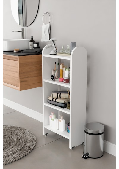 Alpaevmobilya Modern 4 Raflı Oval Kesim Banyo Düzenleyici Raf Metal Ayaklı Çok Amaçlı Raf Banyo Dolabı Açık Dolap Beyaz