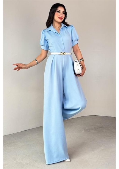 Neşeli Butik Kadın Gömlek Yaka Kemerli Geniş Paça Tulum Nbk4197 Mavi