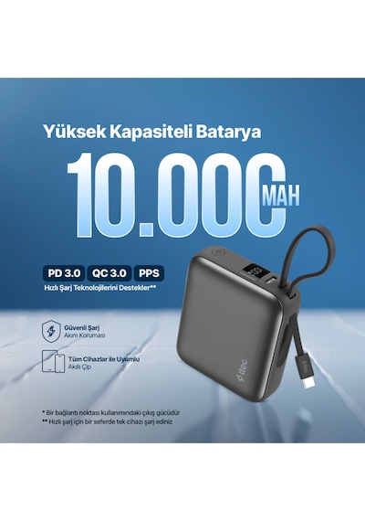 Recharger Mini Lcd 10.000mah Pd 35w Usb-c Dahili Kablolu Taşınabilir Hızlı Şarj Aleti/powerbank Gri