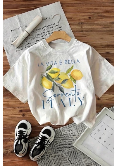 Bella Limon Ön Baskılı Oversize Pamuklu Kadın T-shirt Beyaz