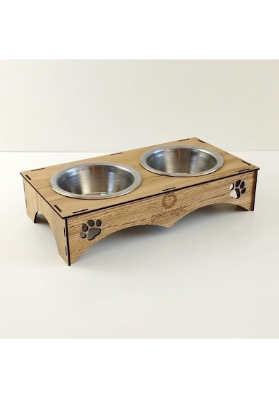 Petmagic 2'li Mama Kabı, Ahşap Çelik Kaseli Kedi Mama Kabı, Ahşap Standlı, Metal Kaseli