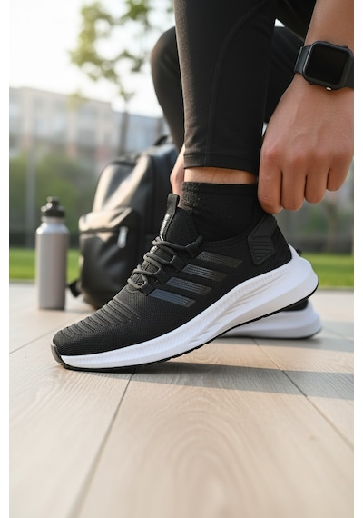 Enoch Ortopedik Ultra Hafif Şeritli Fileli Çoraplı Sneaker Spor Ayakkabı Siyah7
