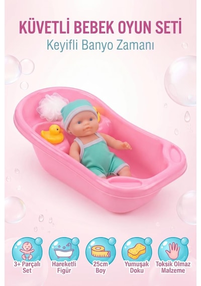 Küvetli Bebek Banyo Seti 25 Cm Oyuncak Bebek Ve Küvet Aksesuarlı Tam Set Yeşil
