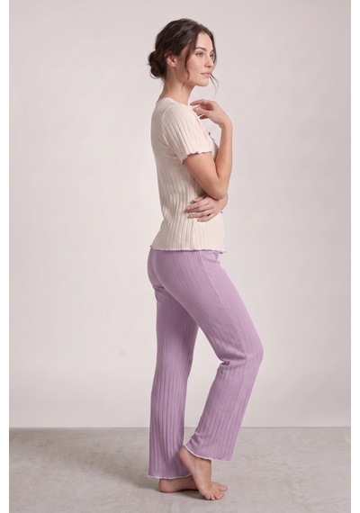 Bella Notte Lila Mevsimlik V Yaka Pamuklu Fiyonk Detaylı Pijama Takımı Mor