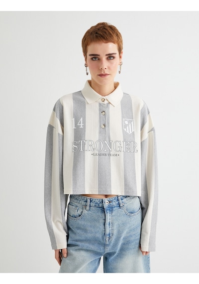 Koton Polo Yaka Oversize Sweatshirt Baskılı Düğmeli Uzun Kollu Gri Çizgili 4sal10668ık Gri