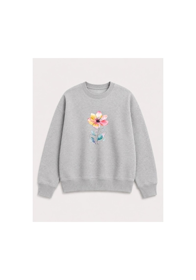 Herkesemoda Çiçek Baskı Detaylı Bisiklet Yaka Şardonlu 2 İplik Sweatshirt Gri