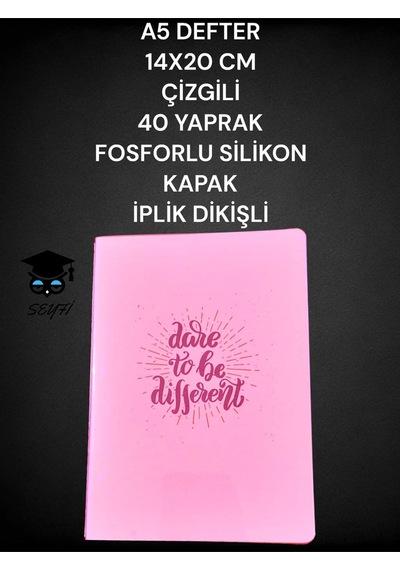 A5 Defter 14x20 Cm Çizgili 40 Yaprak Fosforlu Silikon Kapak İplik Dikişli Yeşil