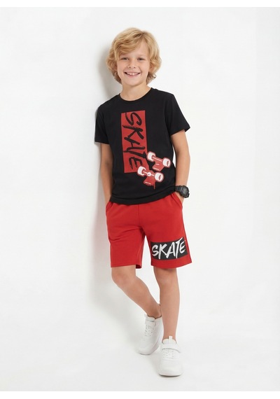 Panios Kids Yuvarlak Yaka Skate Baskı Detaylı Yazlık Erkek Çocuk Alt Üst Takım Kırmızı