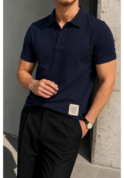 Tarz Cool Erkek Basic Polo Yaka Pamuklu Kısa Kollu Tişört Lacivert