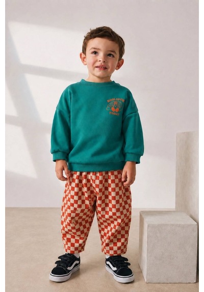 Lucco Erkek Çocuk Sırt Baskılı Sweatshirt Ve Damalı Eşofman Takım Çok Renkli