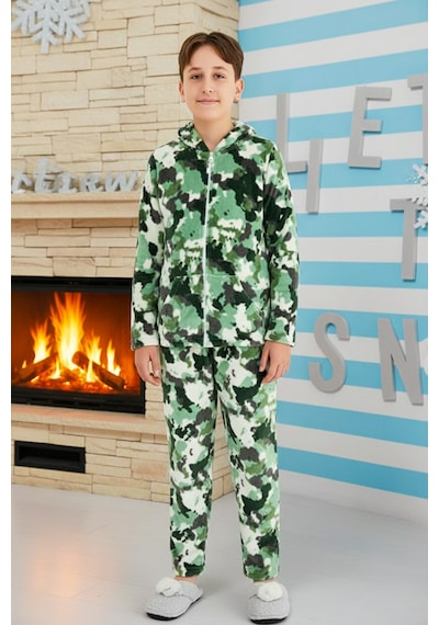 Aydoğan Erkek Genç Çocuk Kadife Kamuflaj Desen Pijama Takımı 240522 Yeşil Yeşil