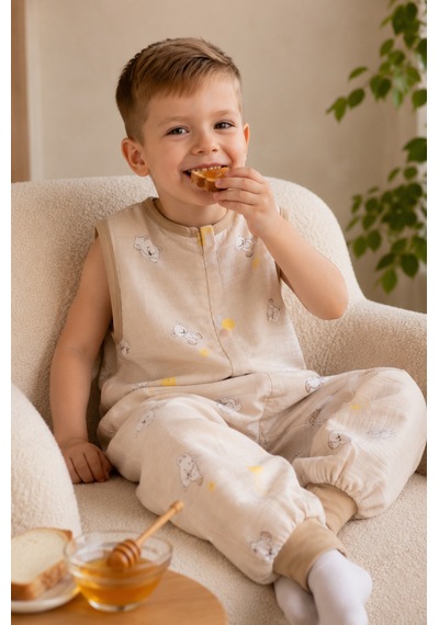 Babyhola Yazlık Müslin Çocuk Uyku Tulumu 1-8 Yaş Unisex Kısa Kollu %100 Pamuk 2703 Kahverengi