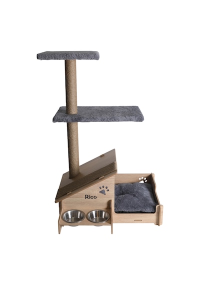 Çok Amaçlı Katlı Kedi Evi-isim Baskılı-ahşap Mdf-tırmalama Çubuklu-gri Minder-çelik Kase-2 350