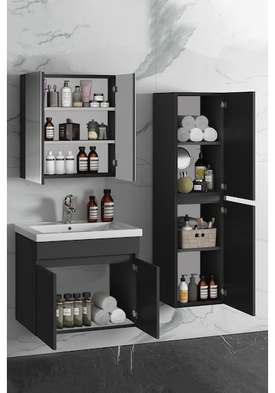 Çiğdem 65+35 Cm Antrasit Gri Mdf Lavabolu Asma Banyo Dolabı Takım Antrasit - Gri