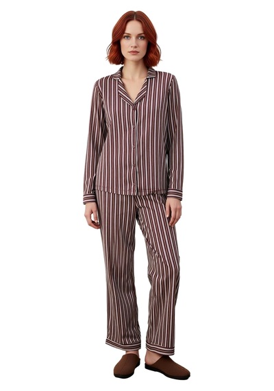 Ersefa Kadın Çizgili Gömlek Yaka Pijama Takımı Fonksiyonel Dayanıklı Kal Kahverengi
