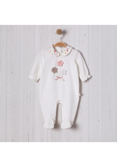 Lamato Baby Örme Çiçek Aksesuarlı Kız Bebe Tulum Ekru