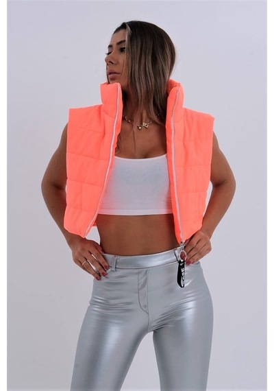Veraura Lifestyle Nar Çiçeği Dik Yaka Kısa Şişme Yelek Narçiçeği