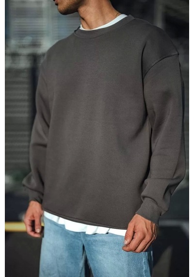 Kışlık Bisiklet Yaka Üç İplik Basic Sweatshirt - Antrasit Antrasit