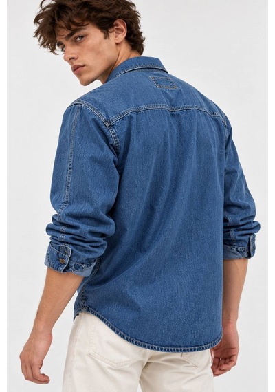 Little Cup Jeans Co Orta Mavi Premium Çift Cep 90lar Erkek Denim Kot Gömlek Açık Mavi