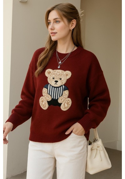 Fashion Friends Bisiklet Yaka Nakışlı Bordo Kadın Kazak 25k0314k1