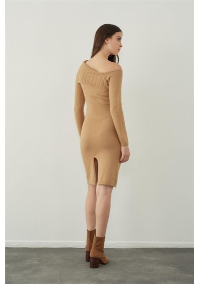 Sherin Camel Asimetrik Omuz Dekolteli Triko Elbise-camel Camel