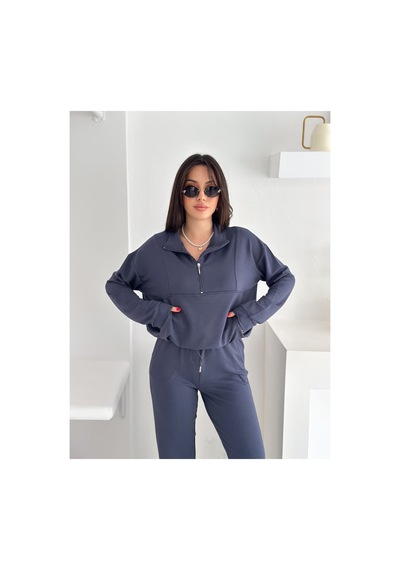 Gugus Kadın Yarım Fermuarlı Model Beli Lastikli Dar Paça Eşofman Takımı Füme