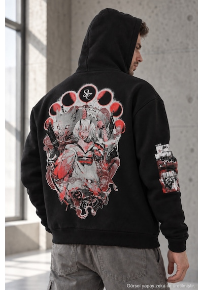 Polo State Erkek Kitsune Anime Baskılı Oversize 3 İplik Şardonlu Kapüşonlu Sweatshirt Siyah