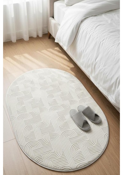 Raschel Carpet Premium Oval Yıkanabilir Leke Tutmaz Emboss Bohem Krem Özel Seri Kaymaz Taban Halı Yolluk Krem