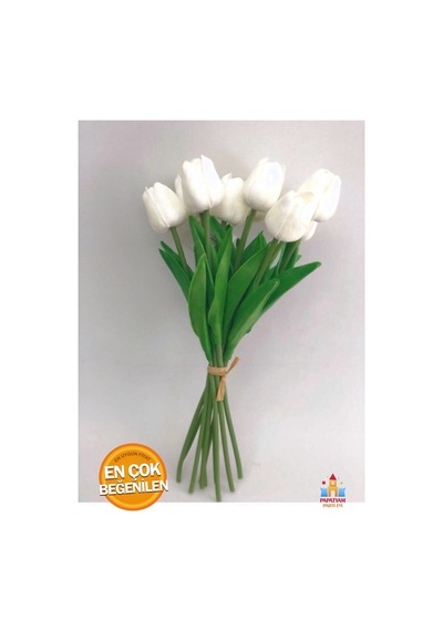 Beyaz Yapay Lale Buketi - Gerçeksi Dokulu, 8 Adet 32 Cm Islak Lale - Dekoratif Çiçek Aranjmanı Beyaz