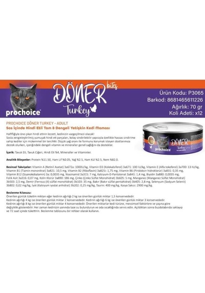Prochoice Döner Bites Sos İçinde Hindi Etli Yetişkin Kedi Konservesi 70 Gr