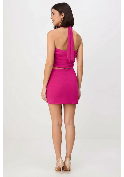 Benerly Kadın Kolsuz V Yaka Crop Top Mini Etek İki Parçalı Dokuma Takım A Fuşya