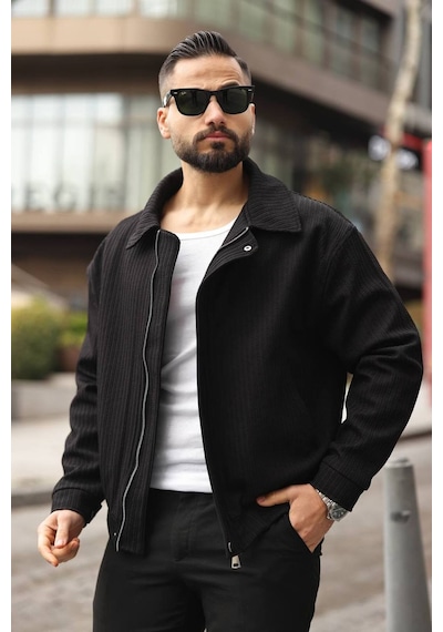 Yeni Sezon Dokulu Oversize Bol Kalıp Bomber Ceket Siyah