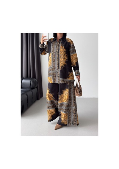 Wellway İthal Chokellaa Kumaş Çiçekli Tunik Gömlek & Pantolon 2li Takım-sarı -26112 Siyah