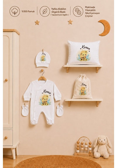 Pia Baby İsme Özel Hastane Çıkışı %100 Pamuk Erkek Bebek Organik Baskılı Tulum Set Keseli Hediyelik 2064tybk3x Krem